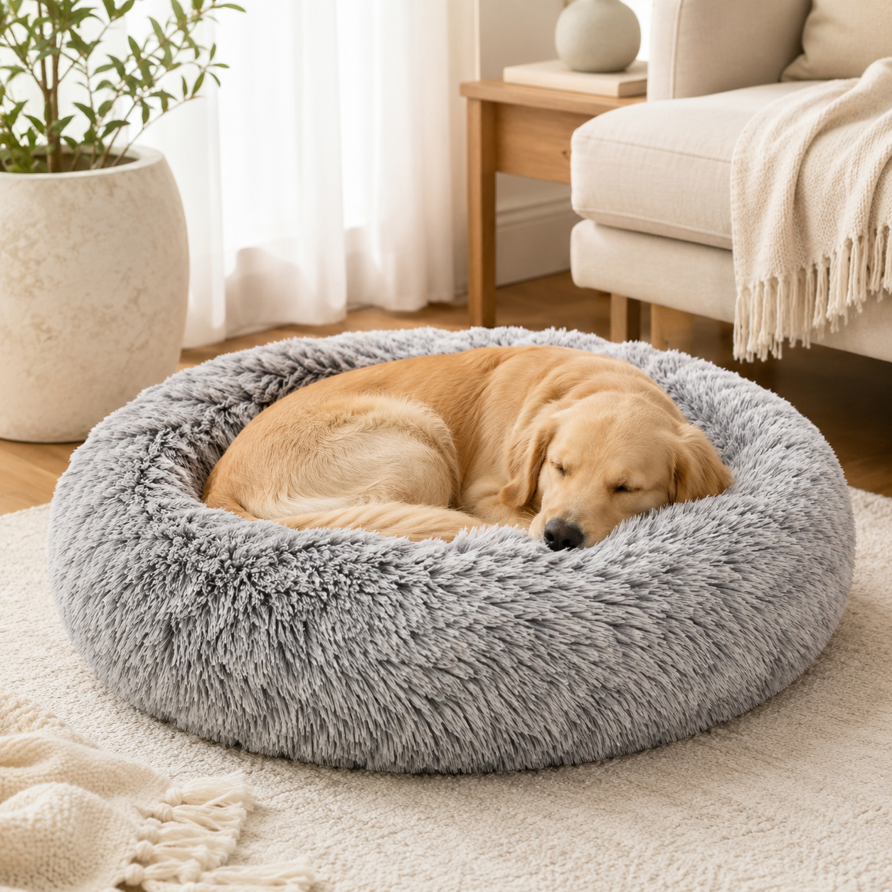 Flauschiges Hundebett rund (Grau) - 50/60/70/80cm